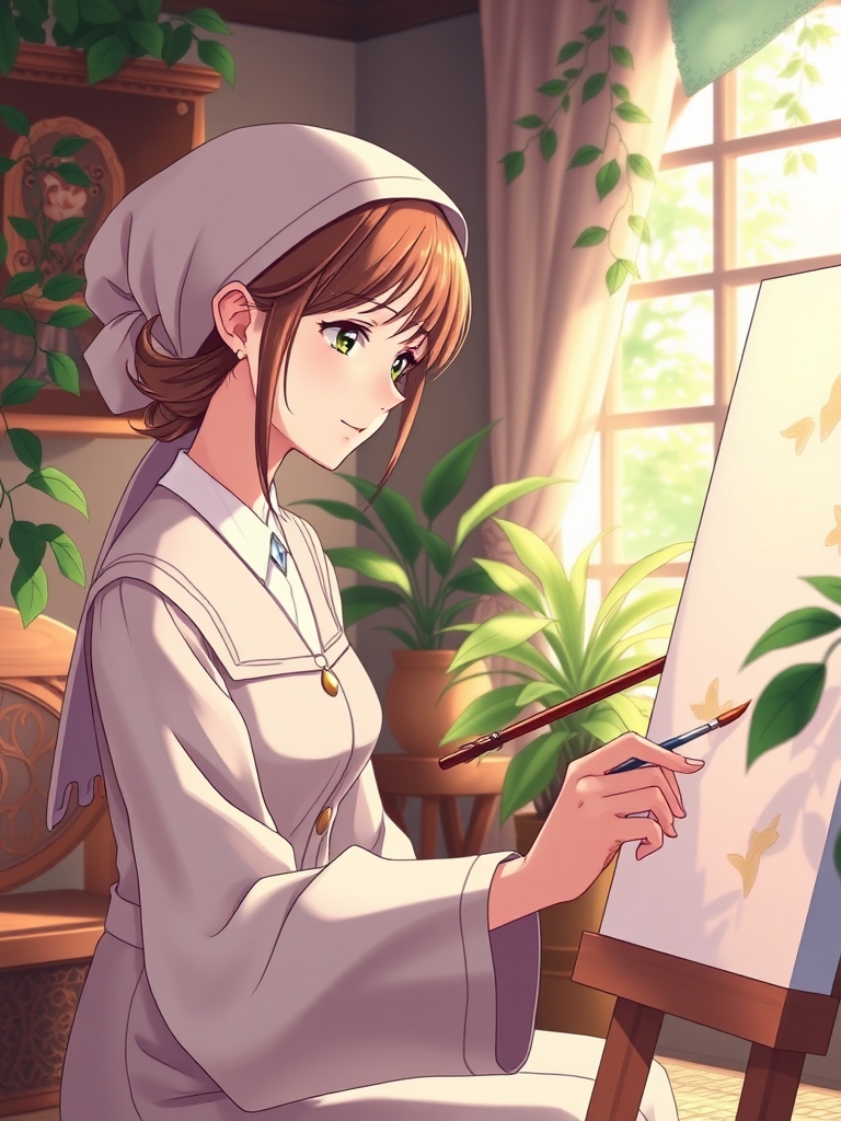 The teenage princess is painting on canvas with a brush in her room (a peaceful and beautiful space)7