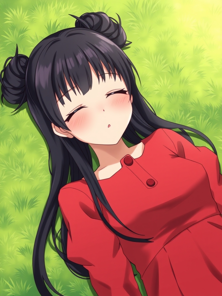 دختری نسبتا ۱۸ساله با مو های مشکی که به دو گوجه بسته شده و لباس سرخ دامنی پوشیده و بر روی چمن زار دراز کشیده و چشمانش بسته است.0