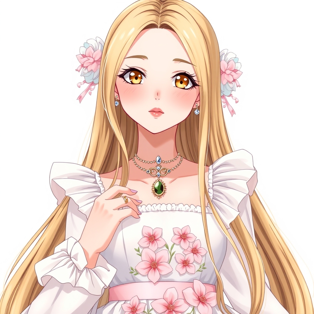 یک دختر نوجوان بسیار زیبا با پوست سفید و گونه های سرخ شده با بینی کشیده و لب های با رژ نچرال با چشمان عسلی که به مژه هایش ریمل زده و یک پیراهن که روی شانه هایش و پایین آستین هایش پشم پف پفی دارد و  پایین دامن بزرگ و پف دارش با گل های صورتی تزیین شده و در لباسش رنگ سفید و اندکی صورتی و طلایی به کار رفته رنگ موهای دختر طلایی است و موهای صافی دارد و در دستش یک انگشتر  درخشان و در گردنش یک گردنبند چشم نواز و در گوش هایش گوشواره ای زیبا انداخته است
4