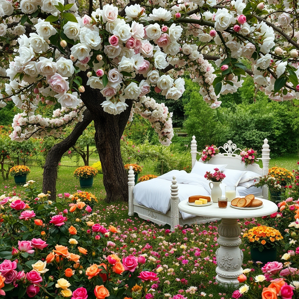 باغ گل سرخ پر درختان انگور سیب انار شکوفه ها
زمین پر زیباترین گلها
زیر سایه درختی بزرگ با شاخه های پرشکوفه سفید و صورتی
یک تخت خواب سلطنتی دخترانه سفید تم قرون وسطایی پر گل و شکوفه
و یک میز گرد و سفید
پر نان کره خامه عسل مربا شیر میوه21