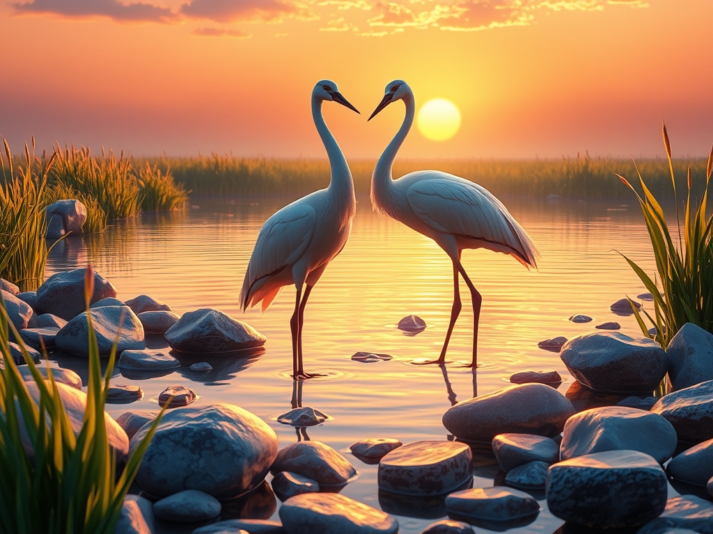 دو پرنده ی درنا درون برکه ای زلال و شفاف با سنگ های رنگی و درخشان و شفاف و دور آنها می زار ها روییده است و خورشید در حال غروب است. 6