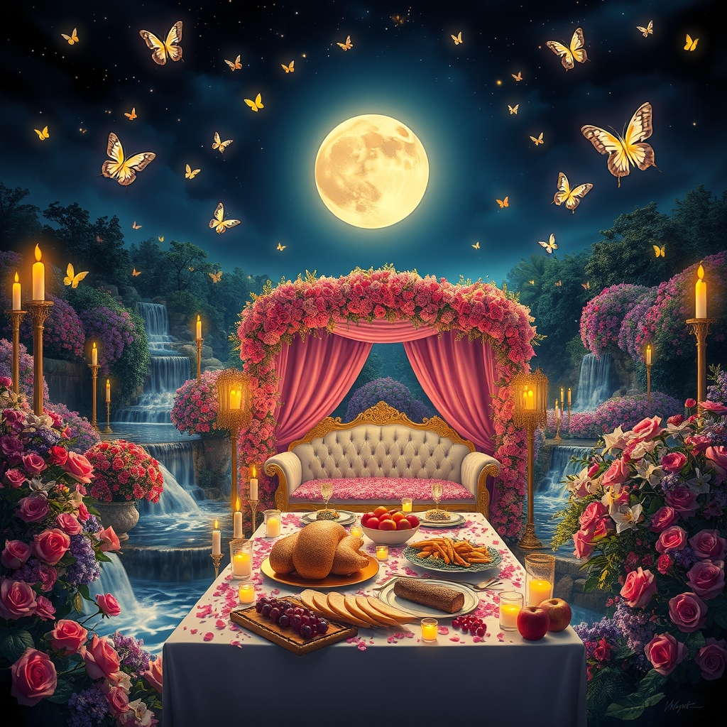 شب مهتابی درخشان پر ستاره پر پروانه درخشان
باغ زیبای بزرگ و افسانه ای پر رز لاله لی لی یم اطلسی شب بو مریم کوکب یاس نرگس نسترن سرتاپای باغ با گلها پوشیده شده
آبشاران جاری اند
شمعدان های بزرگ طلا پر شمع روشن
هزاران شمع گوشه کنار
رودها به هم می ریزند
زیر طاق گل صورتی
یک کاناپه سفید و طلایی دراز پر شده با گلبرگ
و میز مجلل شام
پر نان مرغ بریان کباب باقلوا میوه سیب انار انگور5