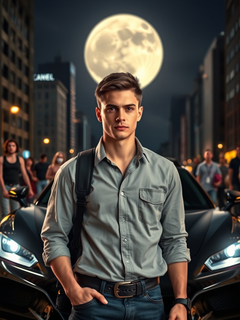 پسری جذاب و زیبا در شهر بزرگی با ۴۲ نفر می خواهد دعوا کند و ماه بزرگی هم هست و پشت پسر هم ماشین اسپرت مشکی است0