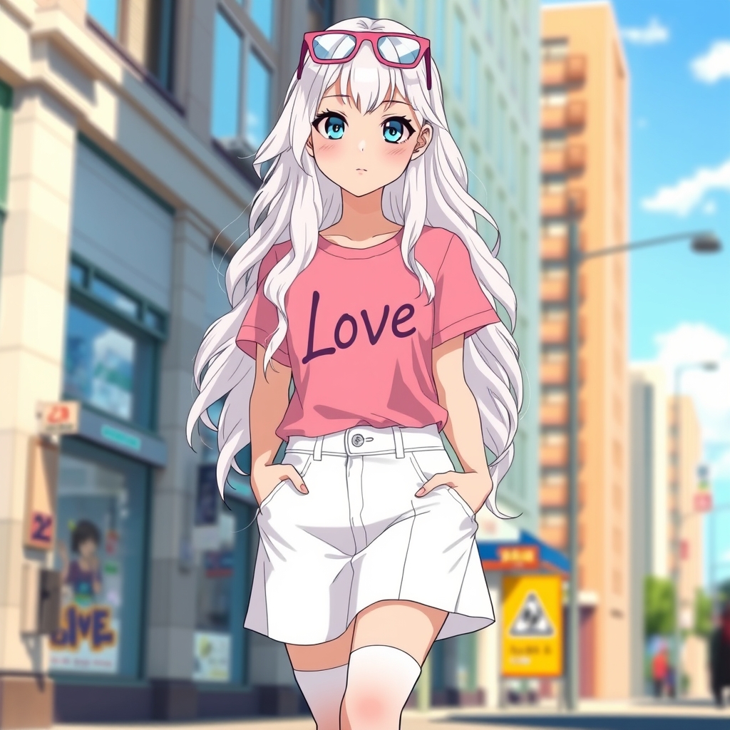 یک ۱۸ ساله دختر با موهای سفید موج دار بلند، چشم های درشت زیبا درخشان آبی کمرنگ، پوست سفید، رژ گونه، لب قرمز کمرنگ با تیشرت صورتی که رویش نوشته باشه Love با دامن کوتاه سفید و کفش صورتی سفید و جوراب تا زیر زانو. یک عینک صورتی که بالا سرش روی موهاش باشه. در خیابان آفتابی18