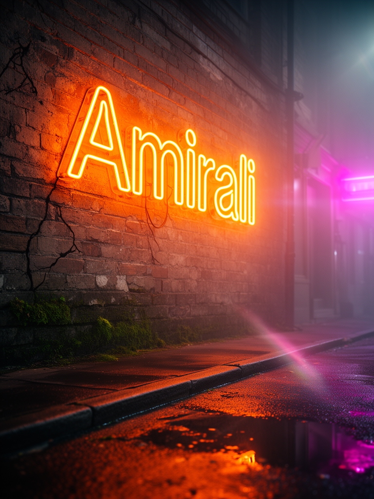 تابلوی نئون درخشان روی یک دیوار آجری قدیمی در شب که کلمه "Amirali " را با رنگ نارنجی گرم نشان میدهد، فضای دنج خیابانی.0