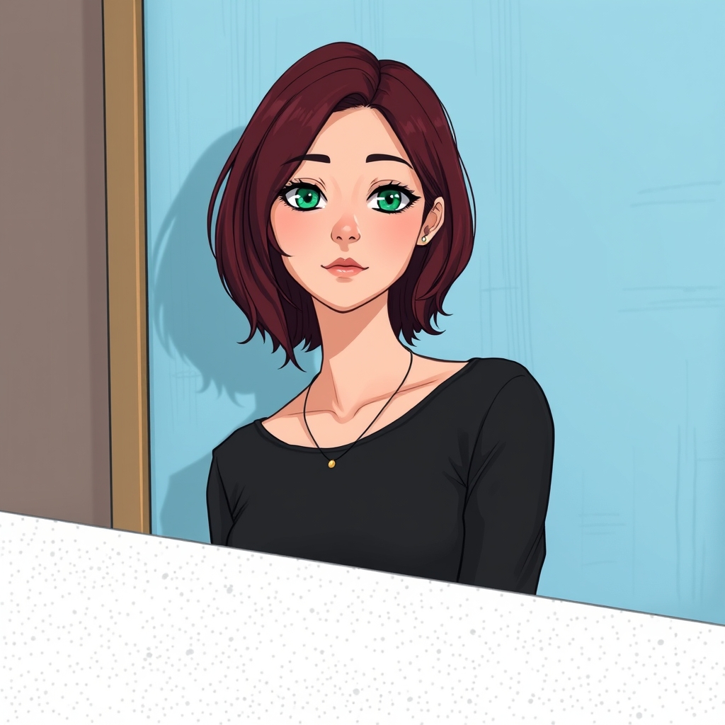 The image shows a person with shoulder-length burgundy hair, green marble eyes, a necklace, a white textured surface, wearing a black top and standing against a blue wall.5