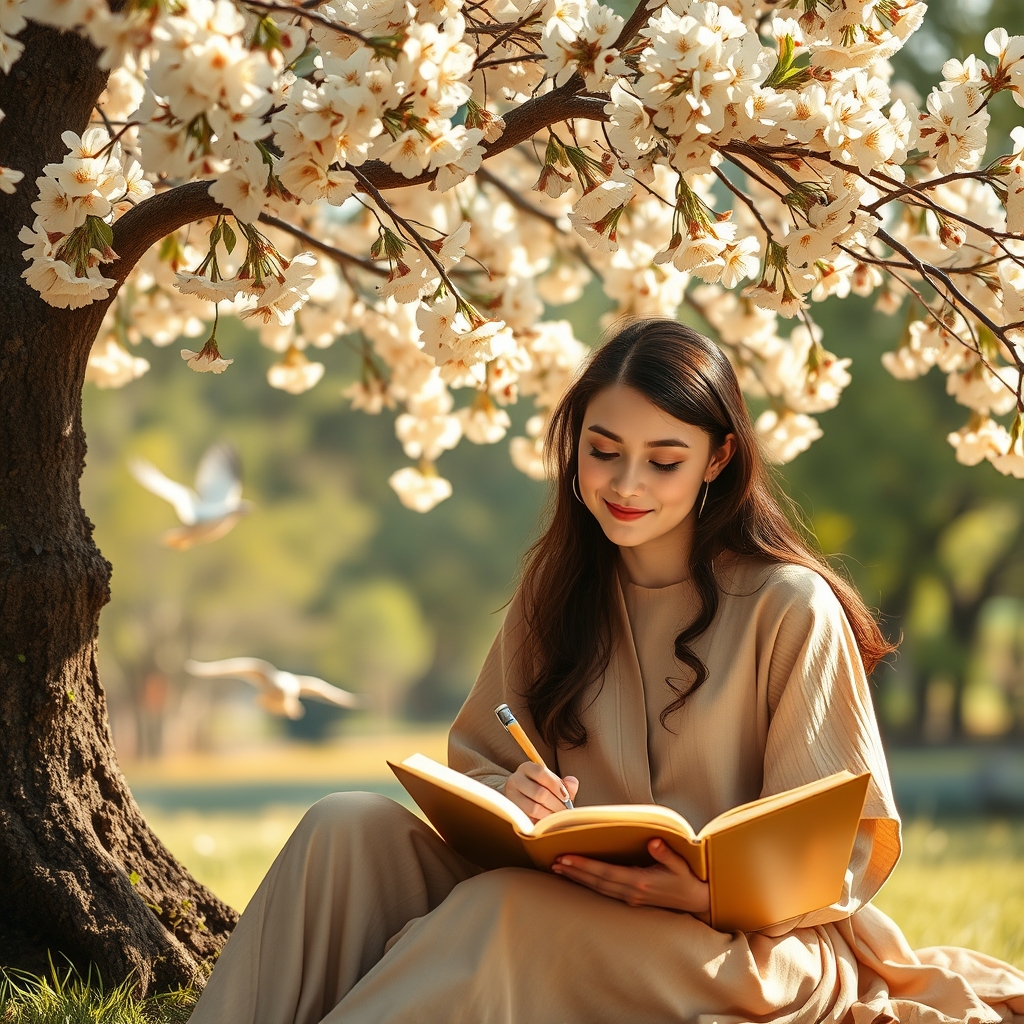 یک شاعر نشسته زیر درختی پرشکوفه، در حال نوشتن در دفترچهای طلایی.19