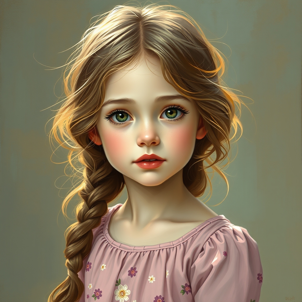 دختری بسیار زیبا با چهره ایی زیبا و چشمانی کهربایی و لباسی به رنگ کمیاب با طرح گل های ریز 
و پرپری  به سبک امپرسیونیسم 16
