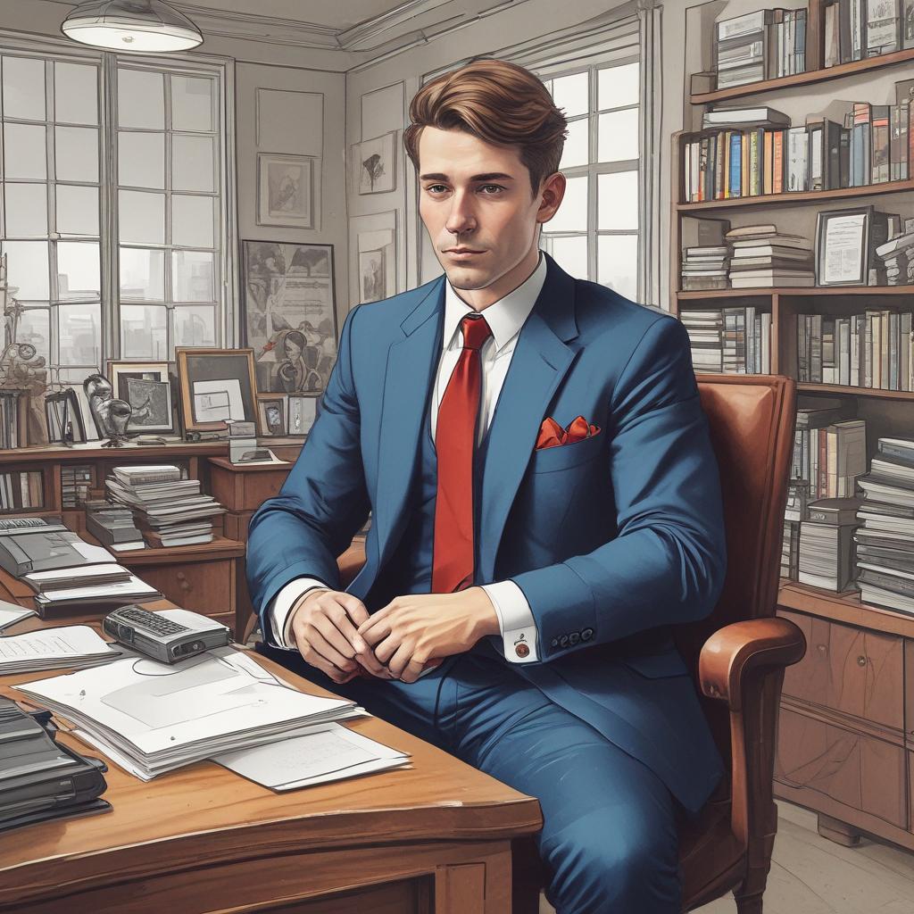 مرد متولد آبان ماه با کت و شلوار در دفتر پشت میر نشسته است4