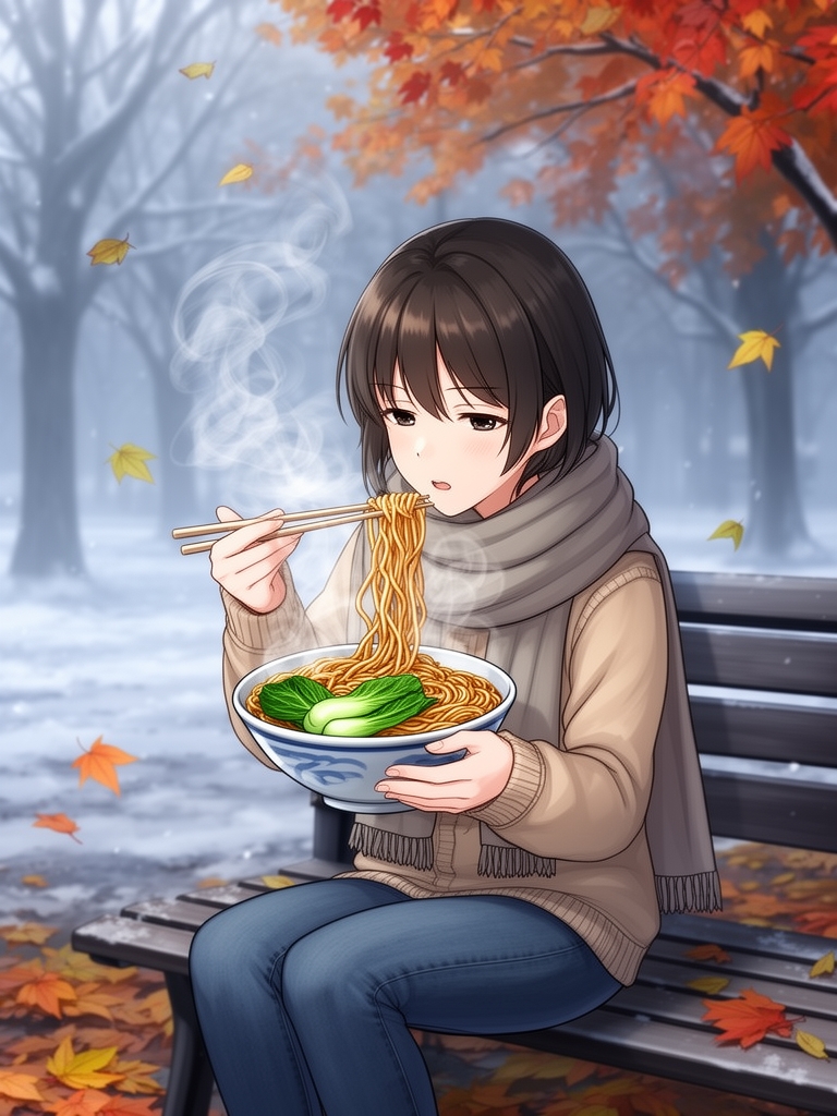 دختری در حال نودل خوردن که از اون نودل بخار بلند میشود و دوک بوکی هم داخلشه توی هوای سرد پاییزی5