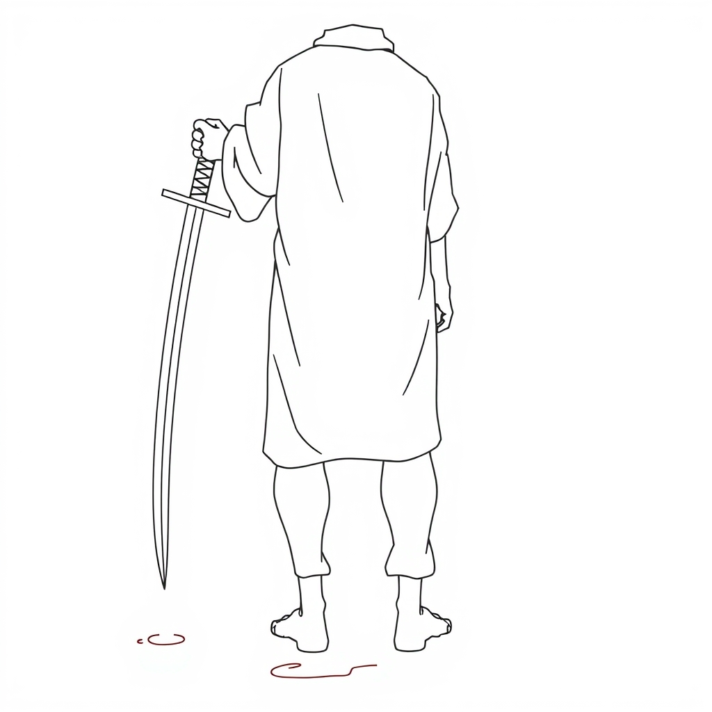 آدم از پشت که شمشیر به دست دارد و شمشیر رو به زمین میکشه و از شمشیر خون میاد
13