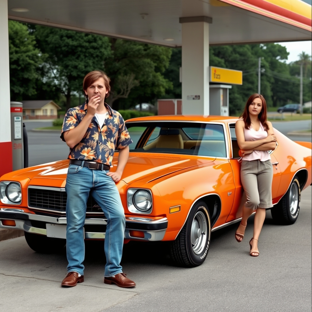 یک خودرو نارنجی چهار در ماسل آمریکایی مدل ۱۹۷۵ میلادی در یه جایگاه پمپ بنزین بین راهی است، و یک مرد جوان با شلوار لی و پیراهن آستین کوتاه هاوایی در حال سیگار کشیدن است و یک زن جوان نیز به ماشین تکیه داده20