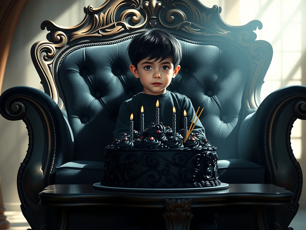 یک پسر هشت ساله با موی سیاه وچشم سیاه روی یک مبل سلطنتی سیاه با کنده کاری فراوان نشسته ویک کیک سیاه برارو میزه12
