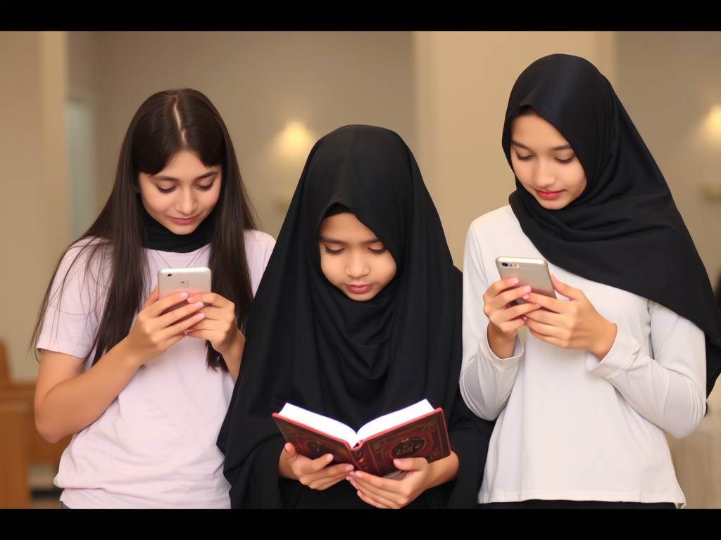 دو دختر خیلی بی حجاب کنار ۱ دختر باحجاب چادری دختر بی حجاب ها سرشان در گوشی است و دختر باحجاب سرش در قرآن است15