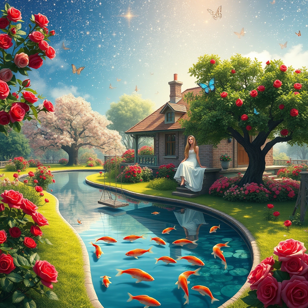 یک باغ بزرگ با یک جوی آب که از وسط رد میشود درخت هایی از سیب های کریستالی با پر از پر های بالدار و رز های قرمز . یک کلبه در باغ با یک تراس بزرگ . اسمانی با نم نم الماس . یک دختر زیبا با بلند طلایی و چشم ابی با لباس سفید دامن عروسکی که در تراس کلبه نشسته . در یکی از درختان با یک تاب وجود دارد . در جوی با یک عالمه مرغاب وجود دارد . 20