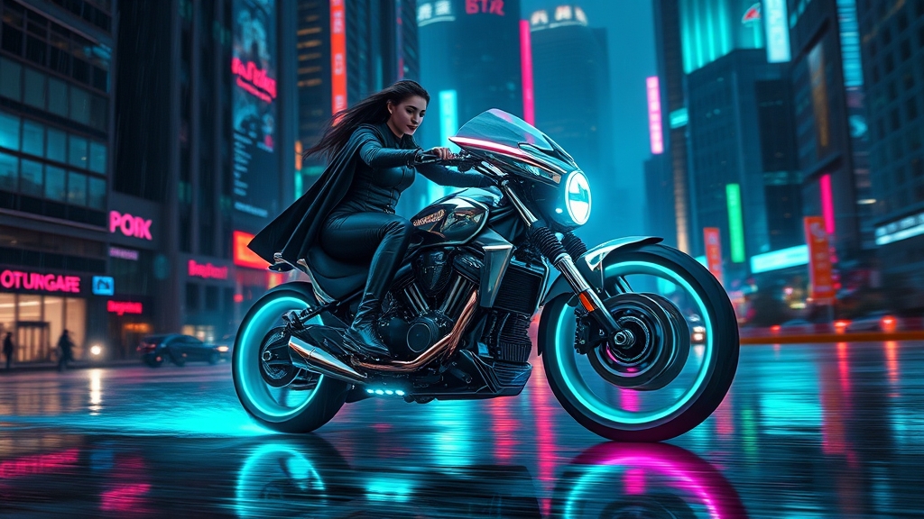 یک موتورسیکلت آینده‌نگر با چرخ‌های هولوگرافیک، در حال حرکت با سرعت در شهری با نورهای نئون.23