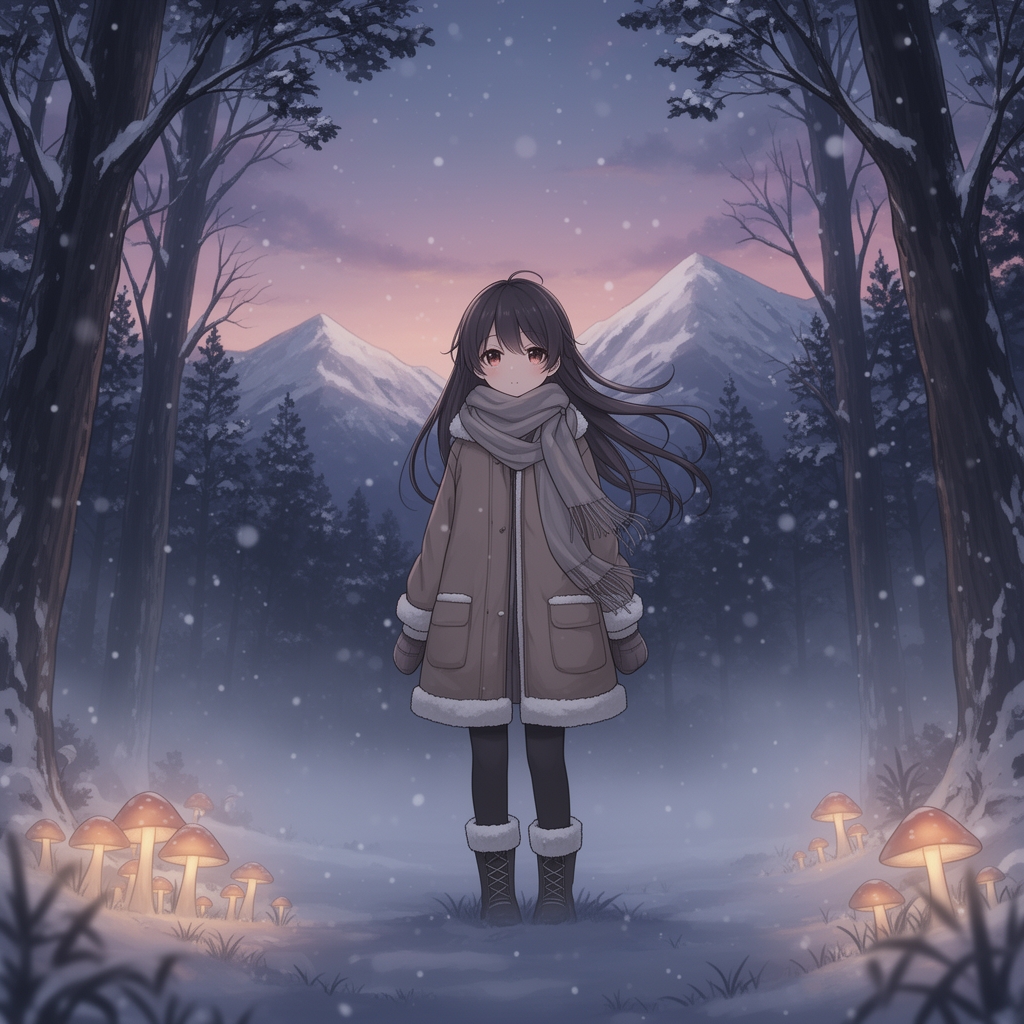 دختری در جنگل زمستانی و آسمان زیبا و جوی کوچکی میان درختان
و قارچ های نورانی  و کوه هایی که نوکشان برف آمده و هوا هم داره برف میاد
هوا هم کمی تاریک است0