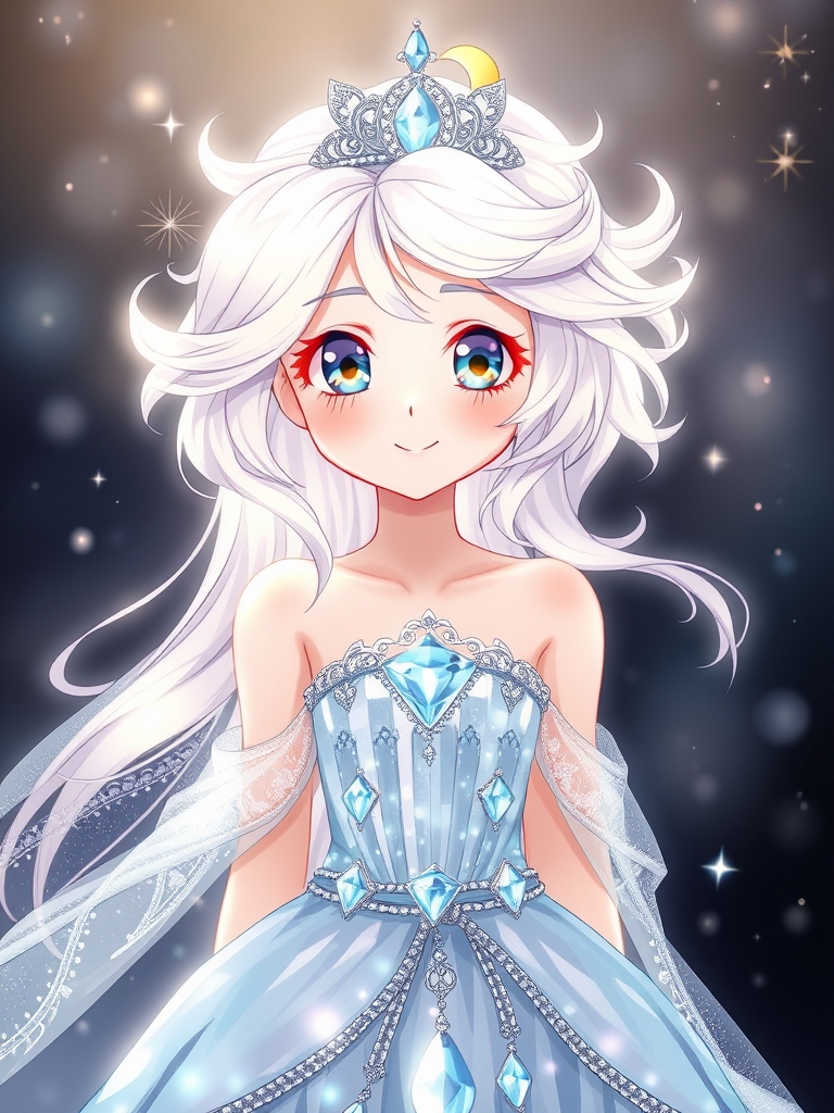 یک پرنسس زیبا که موهایش از جنس ماه است و مانند کریستال میدرخشد و چشمانش از الماس هست که از شدت زیبایی برق میزند و یک ماه کوچک بر روی پیشانی اش است و یک لباس پرنسسی زیبا پوشیده است که قسمت کمرش از ماه درست شده و پایین لباسش هم از کریستال و الماس هست و یک تور ستاره ای براق بر روی لباسش است و دختر لبخند میزند3