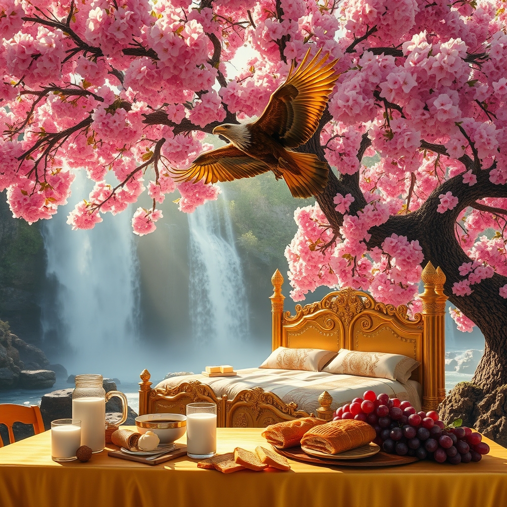 درخت پر شکوفه صورتی سیب بزرگ و پهناور بالای یک آبشار بزرگ با رودهای جاری اطرافش 
پایین آبشار زیر سایه شکوفه های صورتی درخت سیب 
یک تخت خواب سلطنتی طلایی بلند و قرون وسطایی گذاشته شده  و یک عقاب بزرگ با پرهای آتشین در حال پرواز در صبح بهاری  آفتابی 
یک میز دراز زرین پر نان کره خامه عسل شیر خوشه انگور باقلوا نزدیک تخت گذاشته شده3