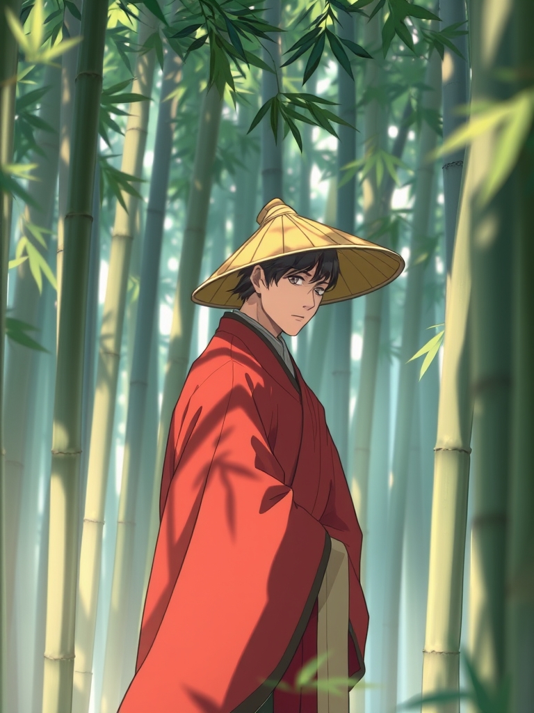 یک مرد چینی از قبیله یائوها در جنگل بامبو و با پیرهن های قرمز دراز و کلاهش به قدری پایین هست که چشم هاش دیده نمی‌شود . کلاهش زرد رنگ 
1