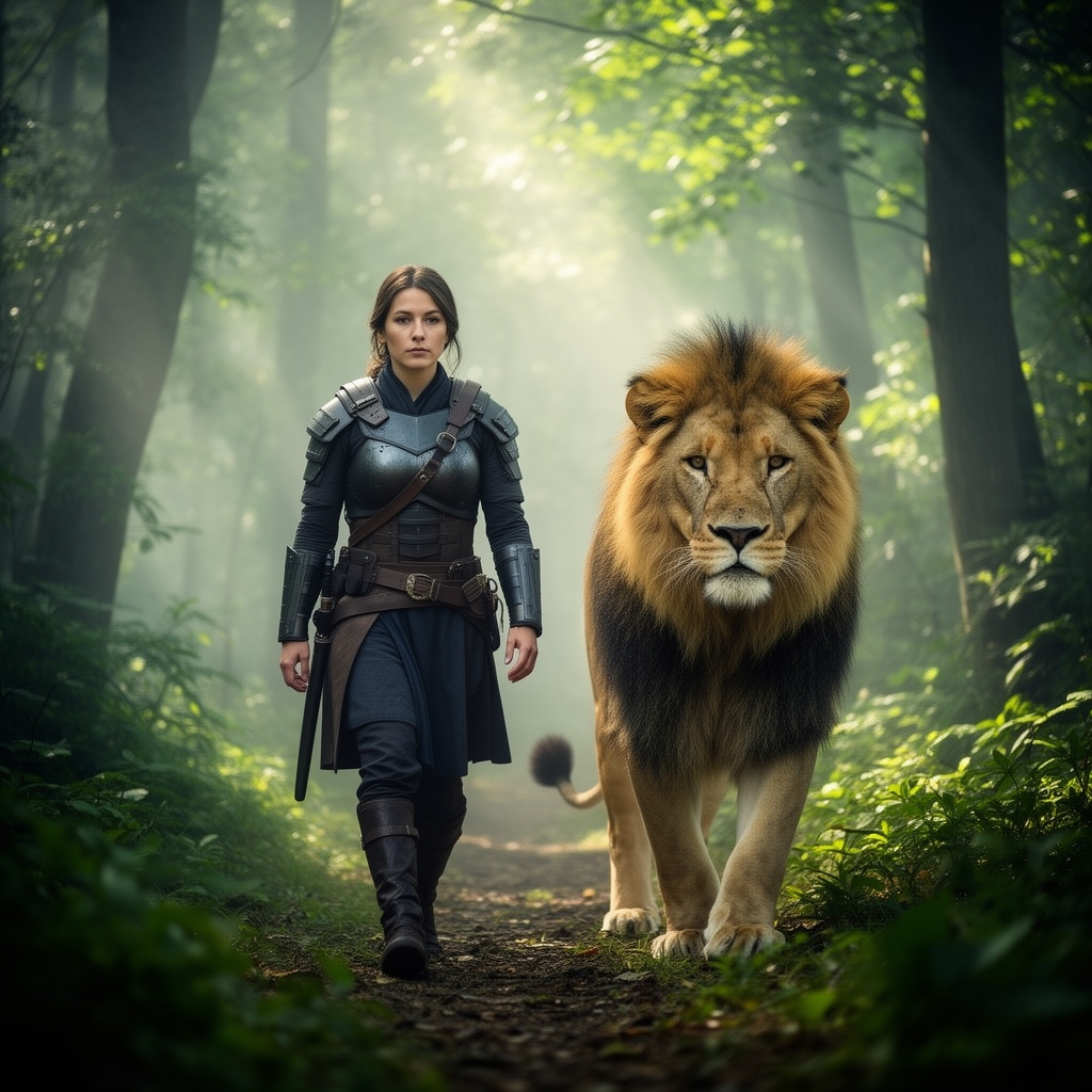 دختری جنگجو و خفن در کنار شیری در جنگل در حال قدم زدن 1