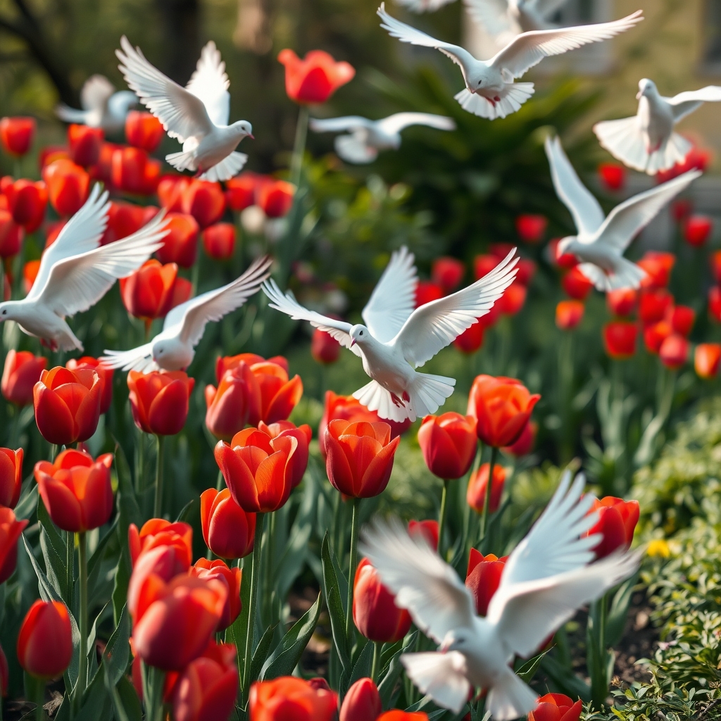 تصویری ازدشت پر از  گل لاله قرمز  که کبوترهای سفیداز داخل آن به پرواز در آمده18