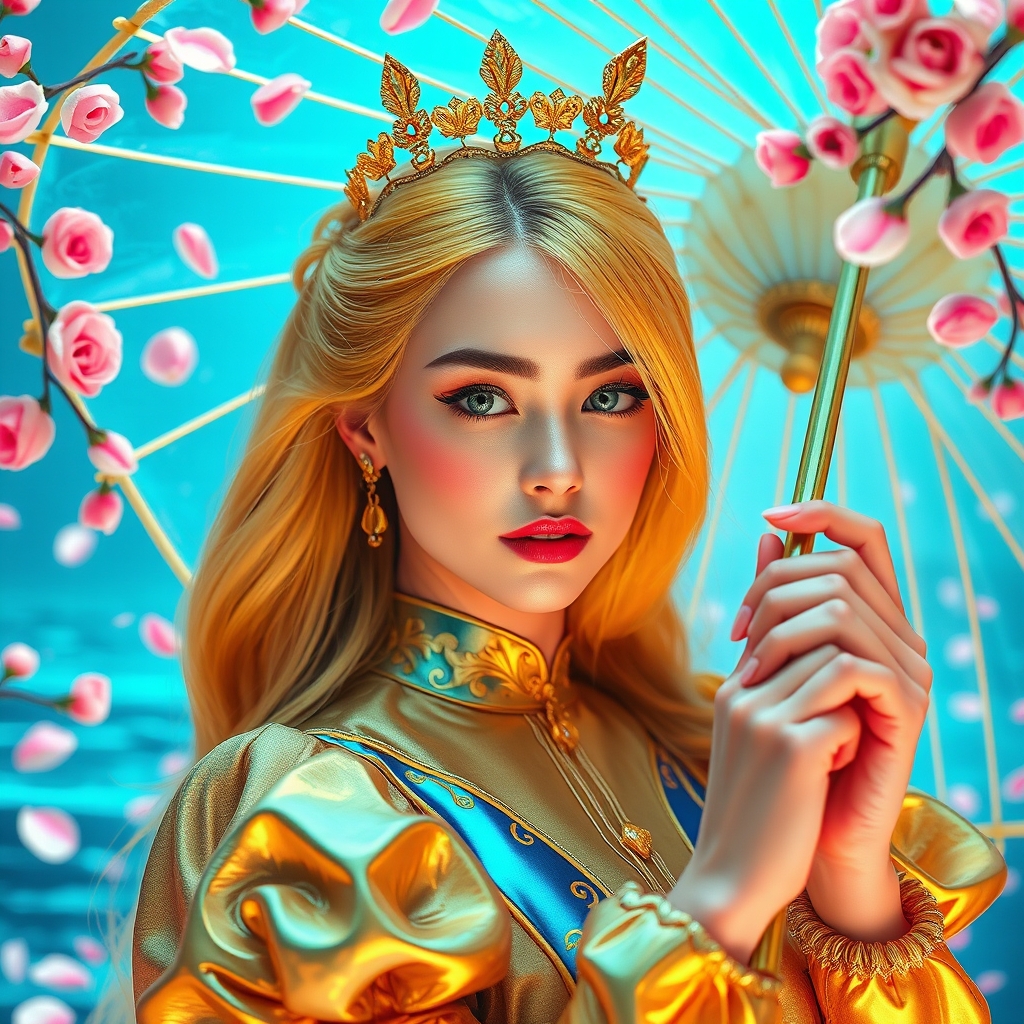 زن جوان زیبا ترین بانوی جهان همینطور در هوش مصنوعی رویایی با موهای بلند زرد براق وچشم های درشت که مردمک دریا باشد و با پوستی سفید همرنگ برف و با گونه قرمز و لبانی سرخ با زیباترین لباس سلطنتی آستین پفی پفی آبی طلایی براق اکلیری با تاج طلایی بر سر با زیباترین چتر در دست دارد که در حال رقصیدن هست پشت سرش ابی به رنگ اقیانوس ارام با گل های گل رز به رنگ مروارید با شکوفه های گیلاس نیوفر10