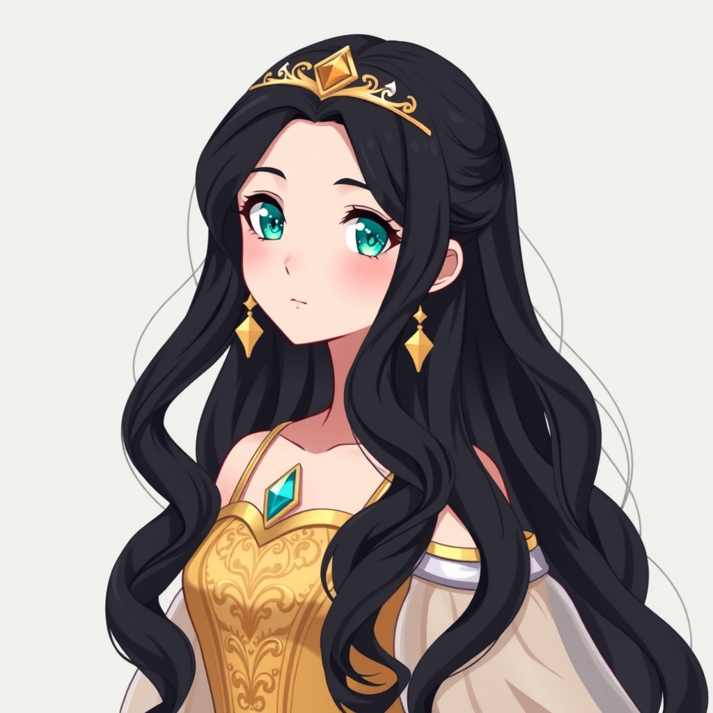 یه پرنسس ۱۹ ساله با مو های خیلی بلند ، حالت دار و سیاه ، پوست سفید و چشم های فیروزهای کریستالی شکل که یه پیراهن طلایی نقره ای زیبا پوشیده و مو های بازه و یه جفت گوشواره طلایی داره 9