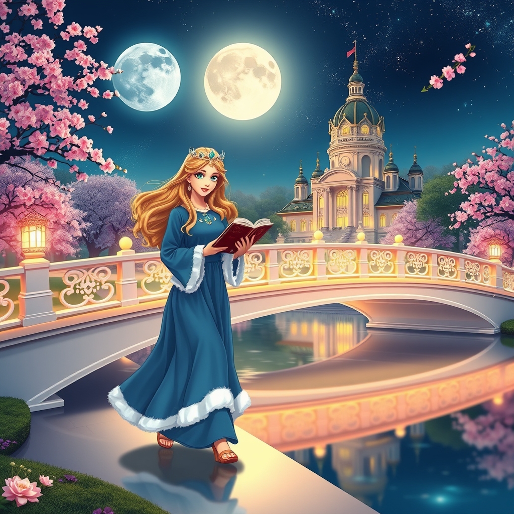 پرنسس با موهای طلایی حالت دار با تاجی زیبا و خاص چشمان زمردی لباس عروسکی آبی با خز های سفید در پارک چراغانی شده روی پلی رویایی قدم میزند زیر پل انعاکاس ماه در رودخانه قصری مدرن آسمان ستاره و ماه کامل درخت شکوفه گیلاس پرنسس در حال قدم زدن کتاب میخواند10