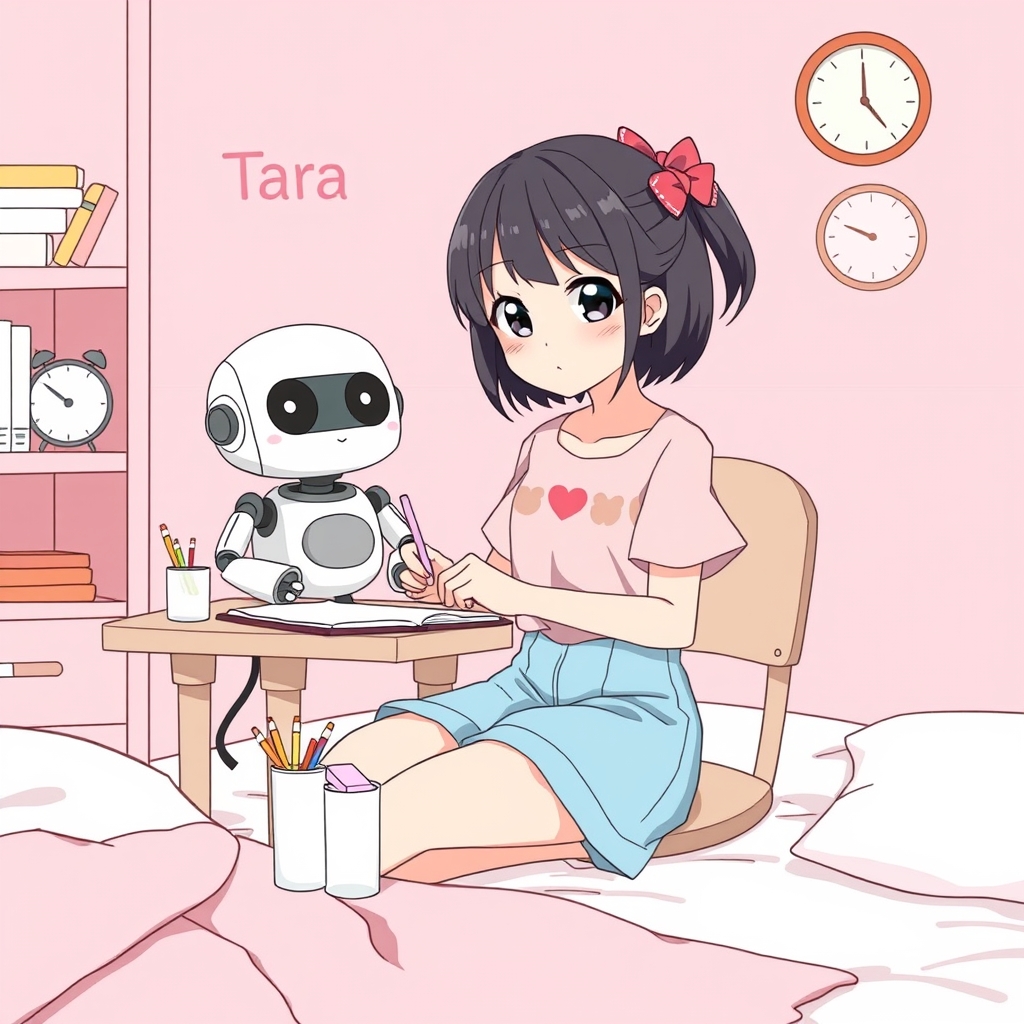دختری به نام تارا با لباس راحتی و خونگی هستی — مثلاً یه بلوز صورتی روشن با طرح خرسی یا قلب و یه شلوارک آبی آسمونی 

رباتی به نانم لینا ربات پاپیون‌دار، کنار میز نشستم و دارم کمکت می‌کنم با حالت بامزه و جدی 


پس‌زمینه یک اتاق صورتی و  یه میز تحریر مرتب با دفتر، مداد، پاک‌کن  و ساعت کیوت و یه لیوان شیر 16