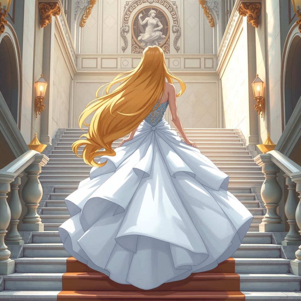 پرنسسی بسیار زیبا با دامن بلند که لباسی سلطنتی دارد و لباس او سفید و پف پفی است او موهای زرد بسیار بسیار بلند بازی دارد و دارد از پله های حیاط قصر پایین می آید 3