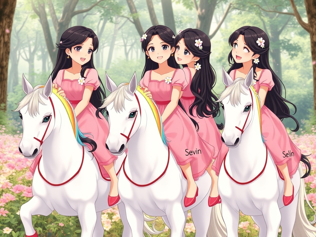 ستین،سوین و سلین سه خواهر سه قلو هستند که هر سه تاشون سوار سه اسب تک شاخ و سفید با مو های مانند رنگین کمان هستند و هر سه لباس‌های صورتی دامن‌دار به تن دارند و هر سه تاشون کفش صورتی دارند و موهای بلند و مشکی دارند و هر کدام نام هاي آنها setin و sevin و selin را با خطوط زیبا روی لباس هایشان نوشته است و هر سه تاشون با لبخندی ملایم به خواهرانش می‌نگرد. با هم می‌خندند و موهایشان در نسیم به‌آرامی تکان می‌خورد و گل‌ها همچنان روی موهایشان می‌درخشند و با لبخندی ملایم و پشت سرشان جنگل پر از گل است18