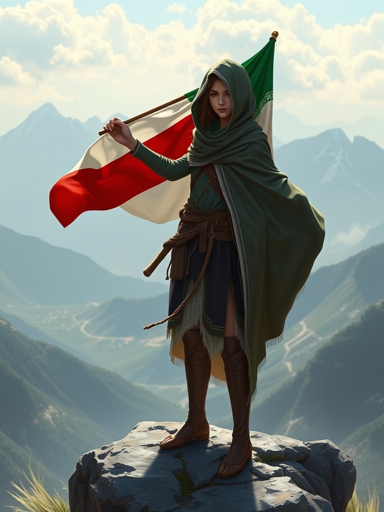 یه دختر با چادر بالای کوه ایستاده است و پرچم ایران در دستش است او با اقتدار است چادر بر سر دارد 9