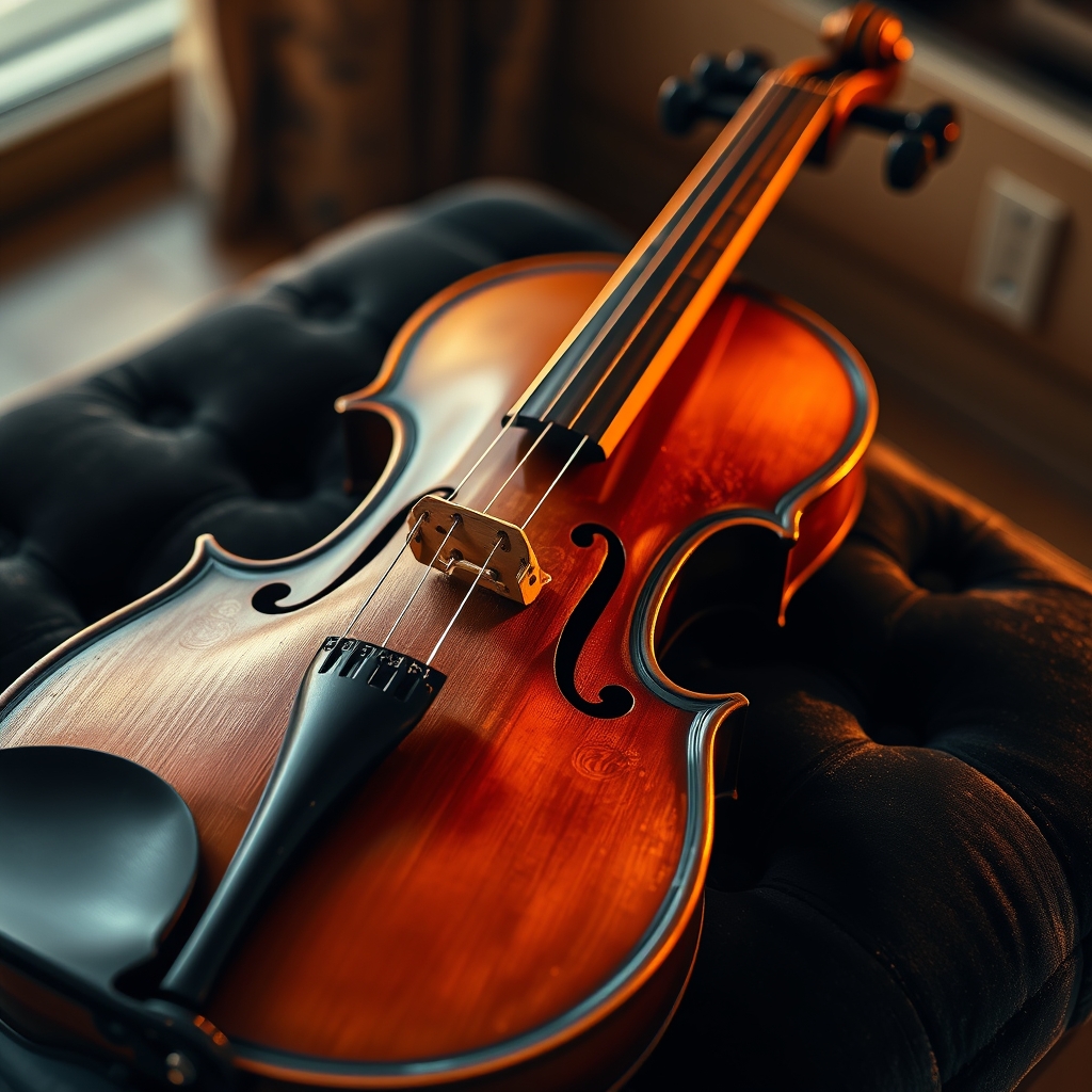 یک ویولن عتیقه با حکاکی‌های طلایی، قرار گرفته روی یک بالشت مخملی زیر نور نرم.17