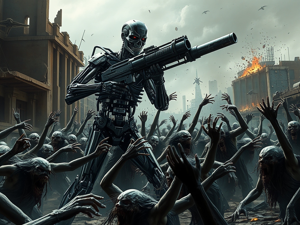 ترمیناتور یک تیربار بزرگ در دست دارد. تعداد زیادی زامبی در حال حمله به ترمیناتور هستند. مکان در خرابه های یک شهر است. 16