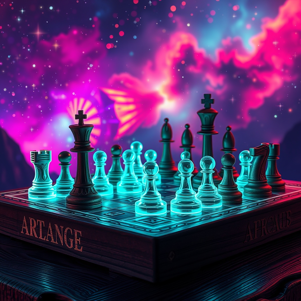 یک صفحه شطرنج چوبی با مهره های جادویی و پس زمینه آن فضا با ستاره های رنگارنگ باشد5