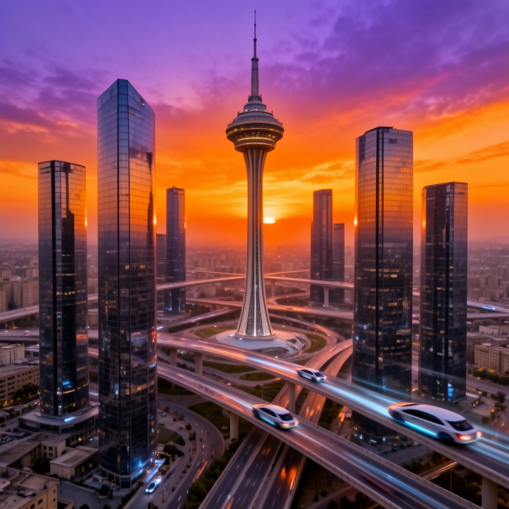 منظرهای از شهر تهران در آینده دور، برج میلاد در میان ساختمانهای شیشهای بلند، اتوبانهای هوایی، غروب آفتاب نارنجی و بنفش.2