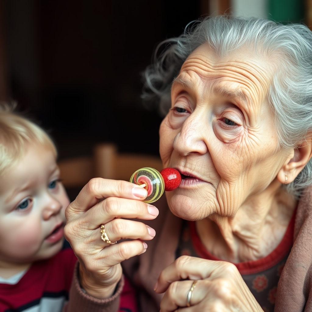 یک پیرزن در حال خوردن لواشک همراه نوه اش14