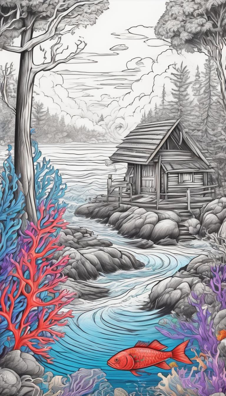 یک صحنه جنگلی و ساحلی که کلبه ای دارد، تعدادی مداد رنگی با رنگ های مشکی و قرمز و آبی و بنفش در آن زندگی می کنند، رودخانه ای خروشان با ماهی های رنگارنگ، مرجان های زیبا، گیاهان دریایی موج دار ،9
