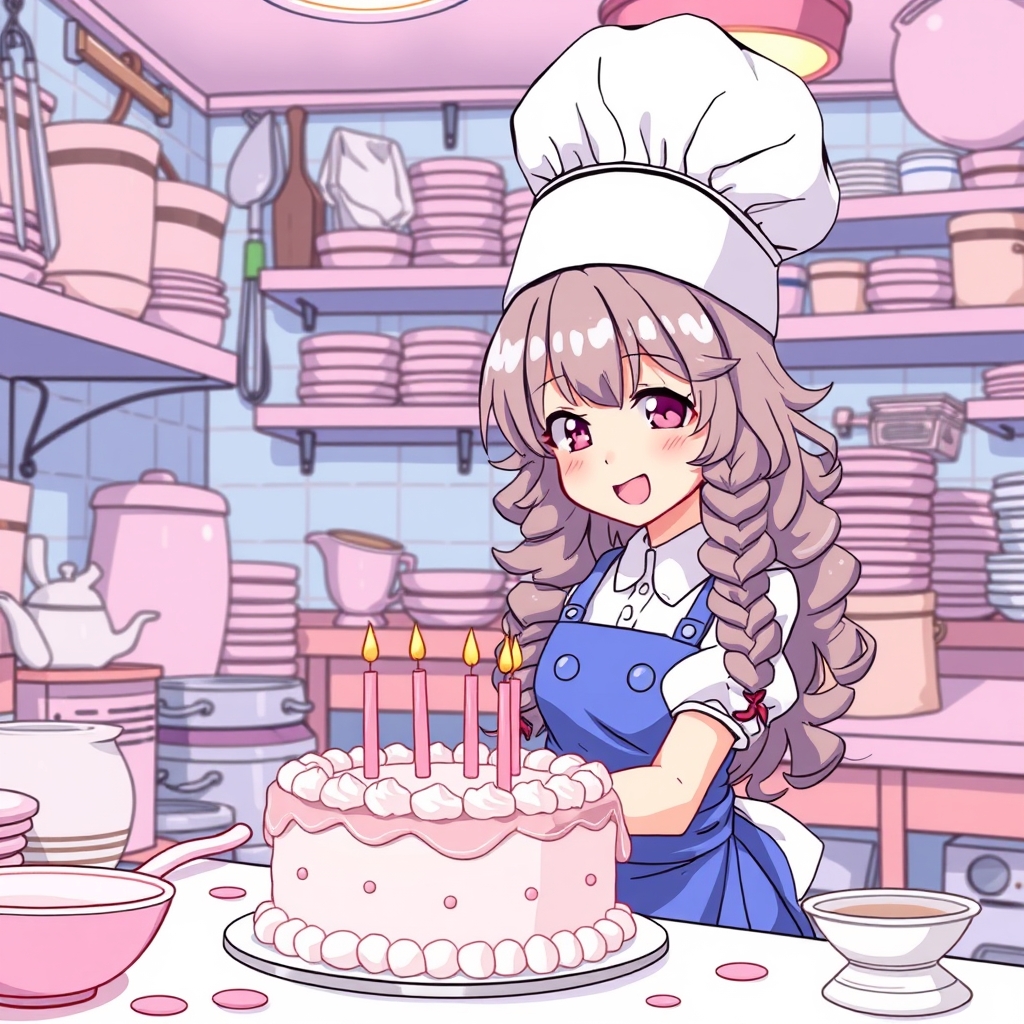 عکس دختری که   با موهای بلند فرفری با کلاه و لباس اشپزان در حال پختن کیک تولد در قنادی و وسایل زیاد و شلوغ و ظرف دور و برش با رنگ های صورتی ابی و بنفش23
