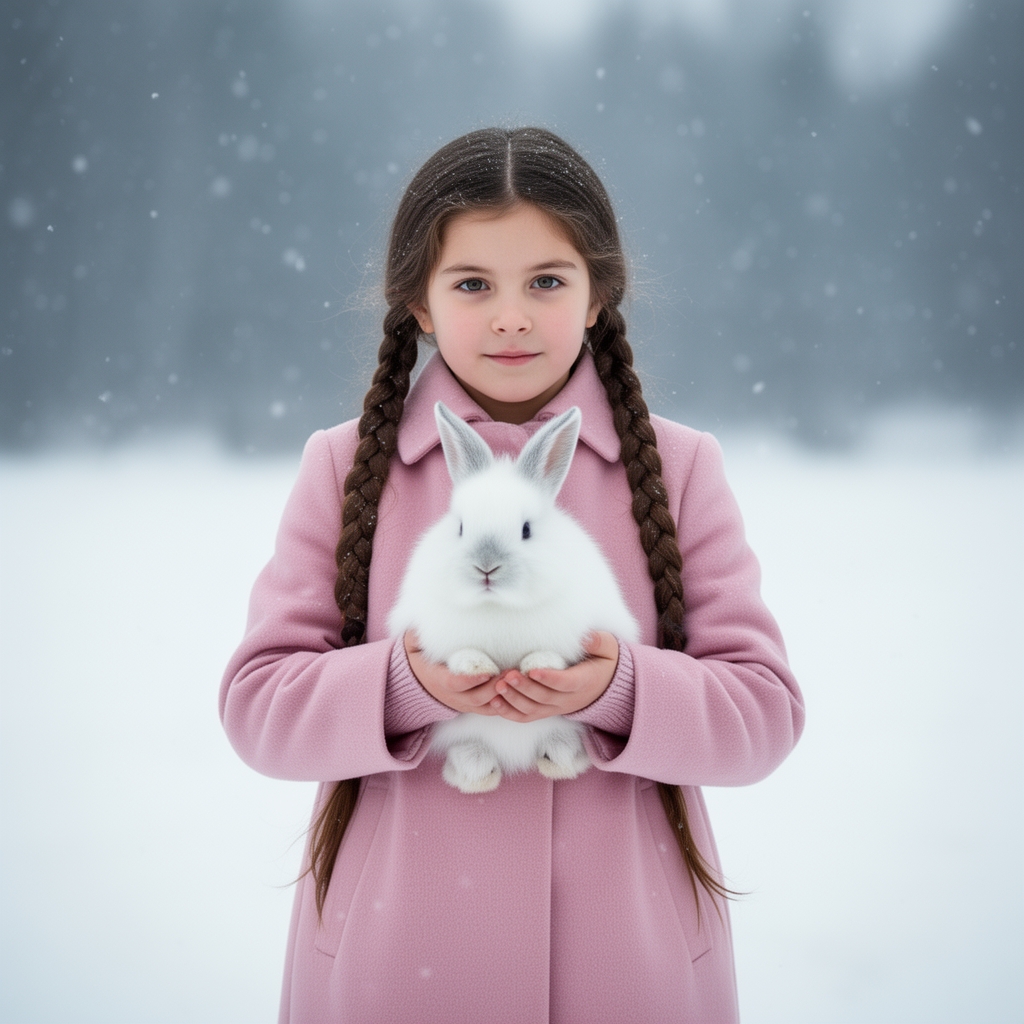 ایزو متریک =
یک دختر 12 ساله با موهای بلند و بافت زده که در هوای سرد زمستانی با کاپشن صورتی خوشگل و زیبا پوشیده و کنارش یک خرگوش قطبی و بامزه و گوگولی کنارش و روی دست های دخترک نشسته1