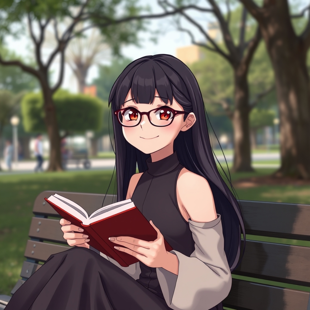 دختر فوق العاده زیبای انیمه ای با چشمان درشت و زیبای بزرگ و عنبیه قهوه ای و زاویه فک و پوست سفید و دماغ صاف و زیبای طبیعی و لب های زیبا دارد و میخندد و باهوش با موهای مشکی پر کلاغی که عینک دارد و ۱۴ سال سن دارد و کمی لاغر است و عینک زیبایی دارد و نخبه است و ترک است و در ائل گلی نشسته است و شیعه است و وفادار است و در دستش کتاب است و5