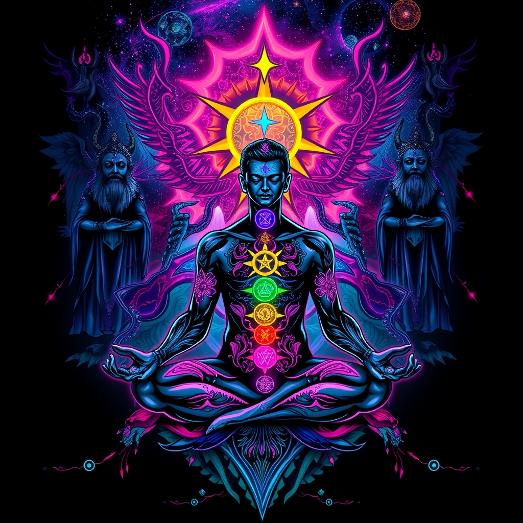 طرح تاتو
کائنات متصل شده به انسان در حالی که انسان مثل سایه ای در حال مدیتیشن است سایه انسان در تاتوهای عرفانی نمایان است رنگهای چاکرا با نماد چاکرا روی بدن فرد نمایان است در تصویر کائناتی خدایان عهد باستان چه خیر و چه شر در حال نگاه کردن میباشند3