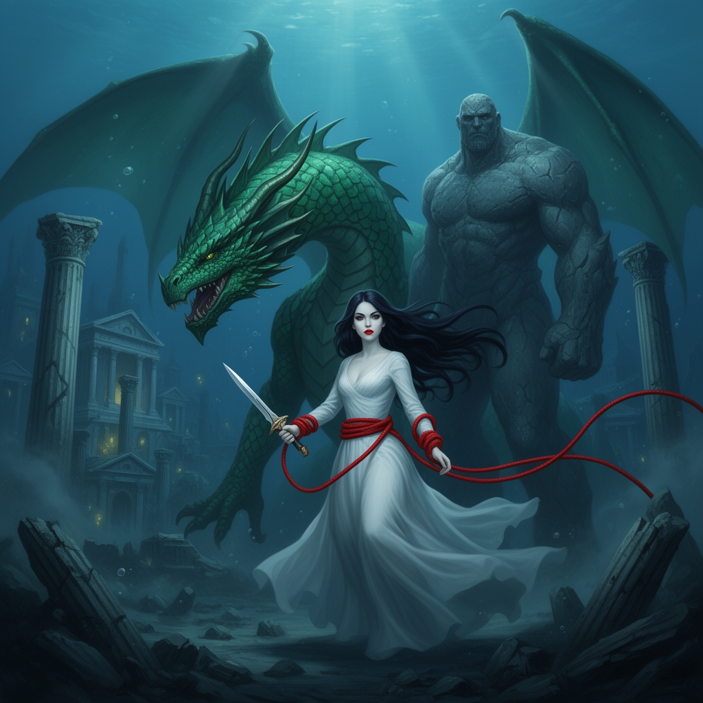 دختری که در اعماق دریا افتاد و اژدهایی سبز رنگ و غول پیکر در کنارش بود و در زیر آب به شهر مردگان رسید و آنجا مه بود و ربان قرمز رنگی روی مچ دست دختر بود و تا بی نهایت ادامه داشت
دختر مو های سیاه و خیلی بلندی دارد و سفید است و چشمانی بادومی و سیاه دارد و لب هایش بسیار سرخ و زیبا هستند و پیراهنی بلند پوشیده و ایستاده است و خنجری در دست دارد3