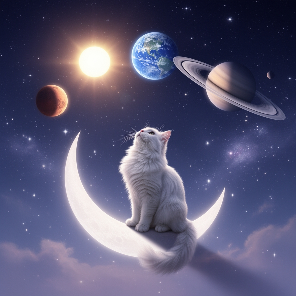 یک گربه سفید پشمالو که روی حلال ماه در شب نشسته و ستاره ها و سیاراتی چون زحل مریخ زمین و خورشید را تماشا میکند1