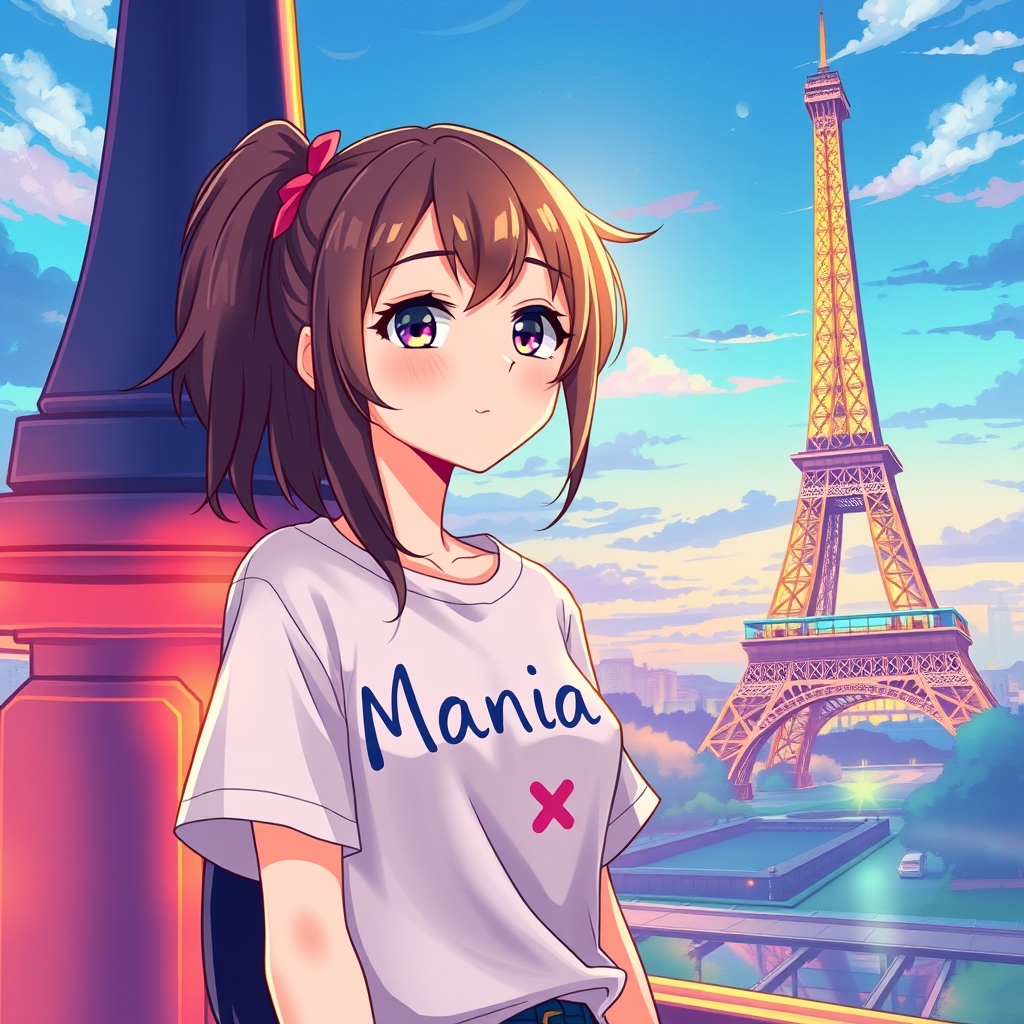 دختری که در روی لباسش نوشته شده Mania x در کنار برج پاریس23