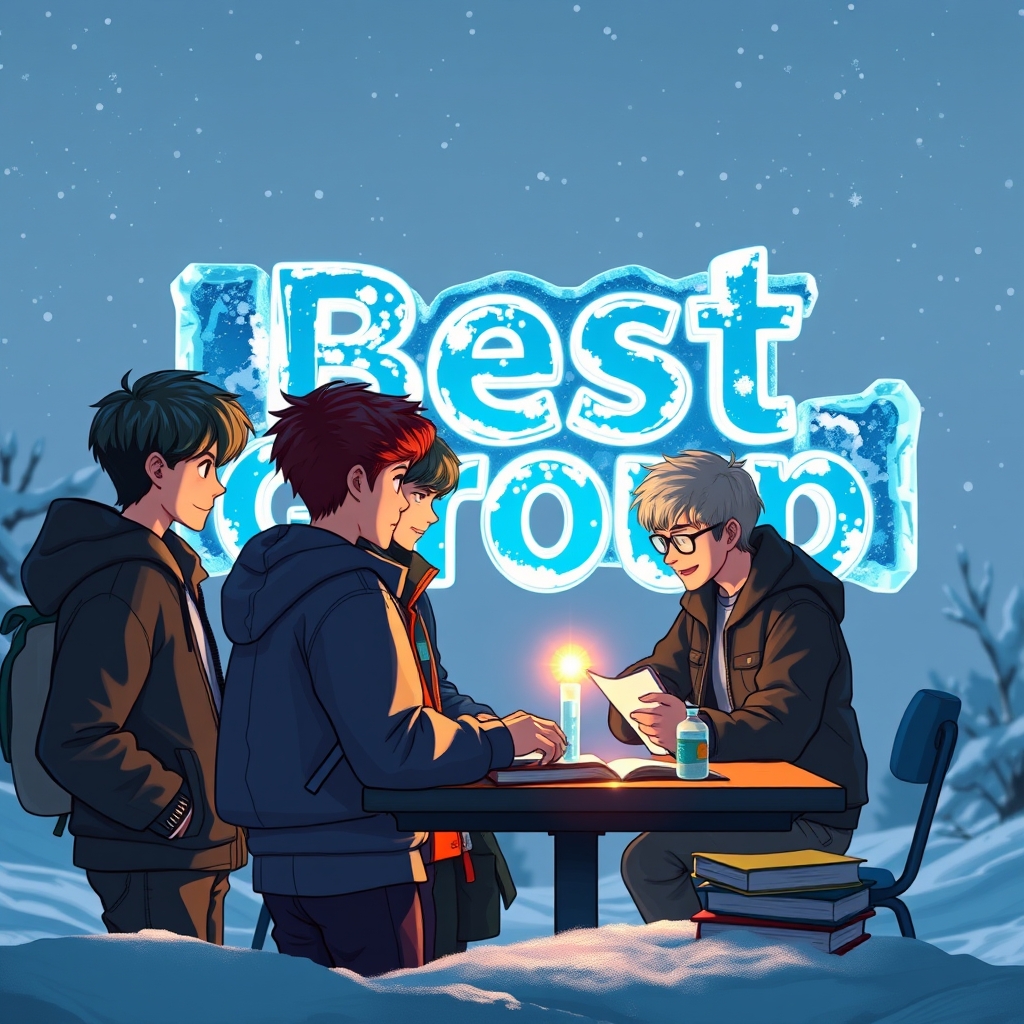 یک عکس خفن نسبتا پسرانه با لگوی یخی بسیار درخشان Best group در فضای برفی زیبا که چهار پسر با رنگ مو ها ویژگی های ظاهری و لباس های متفاوت جلوی لگو هستند و اتش روشن کرده اند و روی میز کتاب علوم هست و دارن درباره ی کنفرانس علوم ششم صخبت میکنند و عکس یه جورایی پسرانه باشه 8