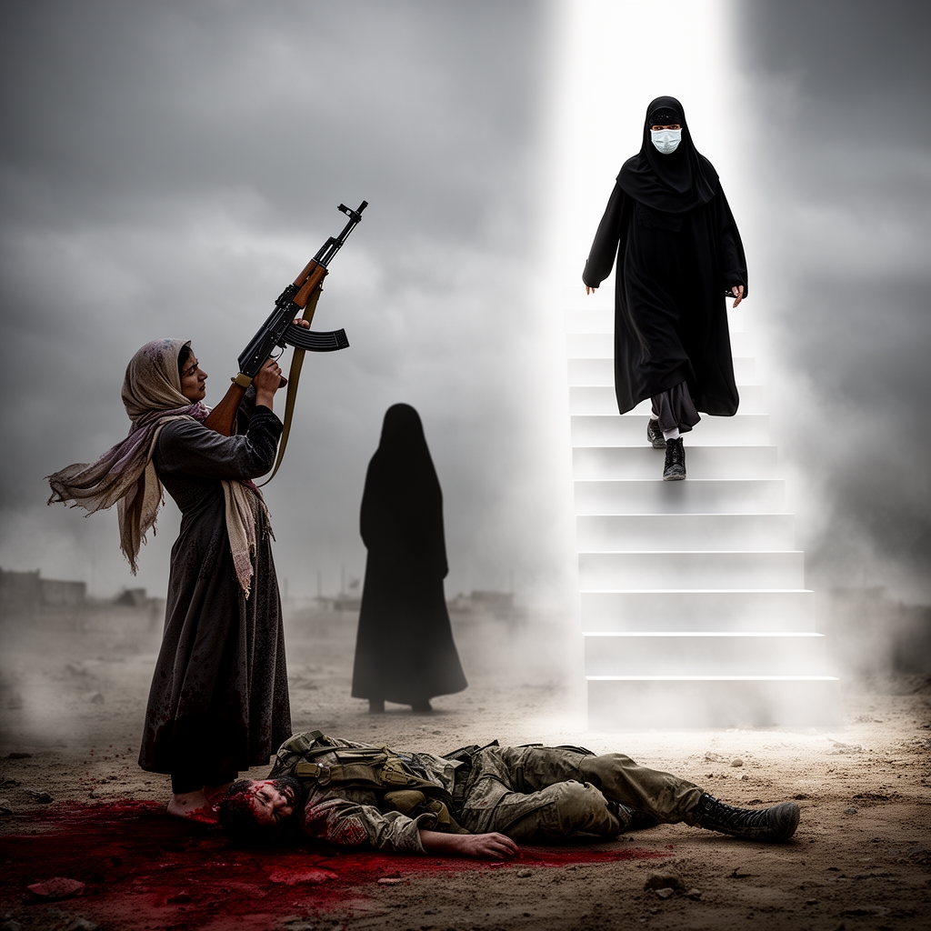 تصویر زن کم حجابی که روسری خود را بر روی تفنگ کلاشینکف گذاشته و به بالا گرفته است در گوشه پایین صفحه مردی بر روی زمین با لباس های جنگی افتاده و از خونش زمین خاکی قرمز شده است.در بالای صفحه زن با چادر و مقنعه و شلوار بلند از پله های بهشت بالا می رود با سبک واقع گرایانه. زن بی حجابی بدون روسری نیمرخ ایستاده است و زن چادری پشت به ما است.0
