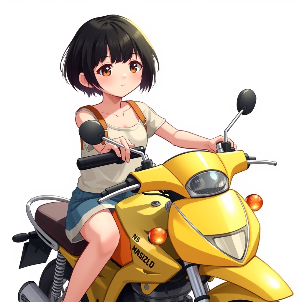 یک دخترکه سوار یک موتور ان اس زرد است و موهایش مشکی  کوتاه است  سفید پوست است10