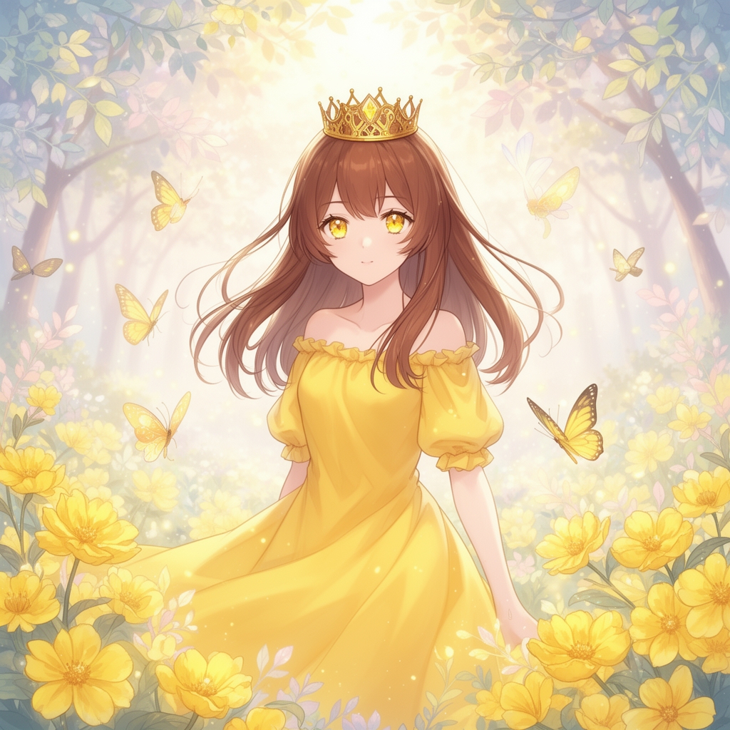 دختری که لباسش زرده و روی سرش تاجی داره و موهاش هم عسلی است
داخل باغی زیبا با گل های زرد
بالای سرش نوشته نرجس
پروانه هایی هم دورش باشن
چشماش هم زرد بلوری باشه
2